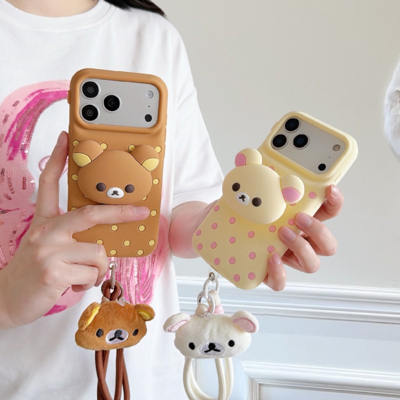 Cute Cartoon Wrist Strap Silicone Case - 3D Rilakkuma Ayı Puantiyeli Silikon Telefon