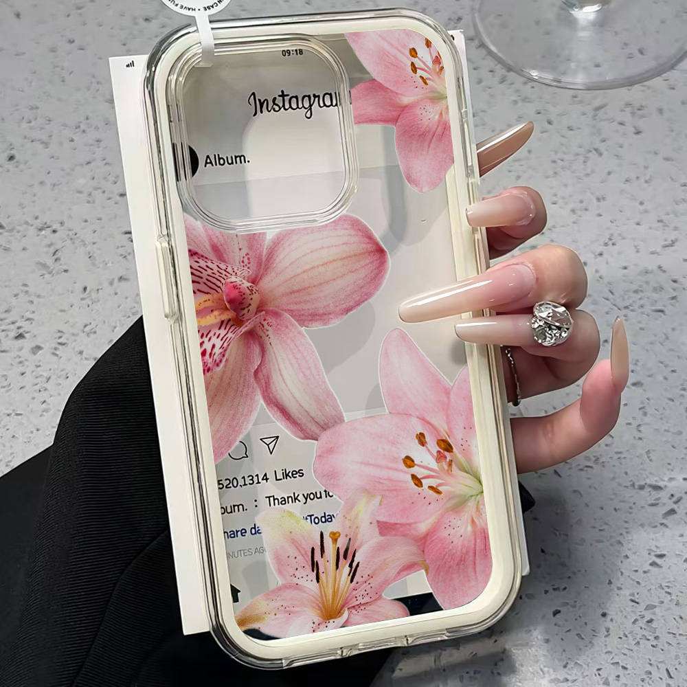 Clear Shockproof Bumper Case - Pembe Zambak Çiçeği Şeffaf Telefon Kılıfı